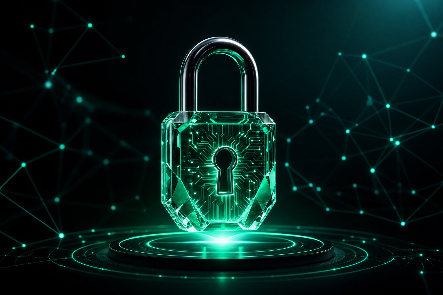 Candado emerald flotando sobre un dashboard con red neuronal, representando el login wall de los agentes privados